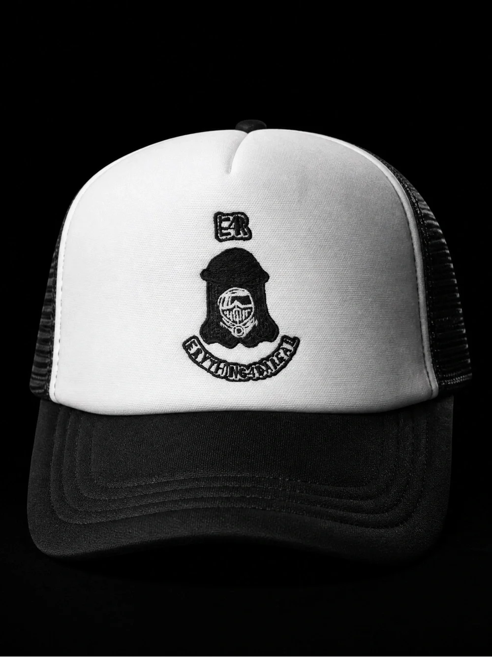 Black & White Trucker Cap with Embroidered Crest